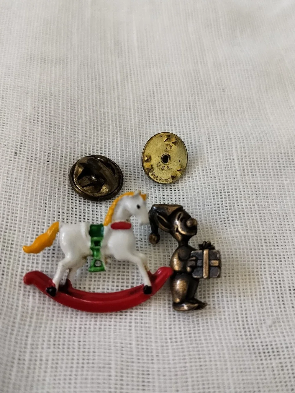 Vintage Signed JJ Jonette Rocking Horse & Elf with Gift Figural Brooch Pin Set